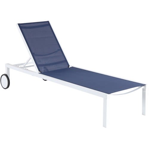 Cape Soleil Santorini Aluminum Sling Chaise Lounge Chair with Wheels, Navy Blue Sling and White Frame